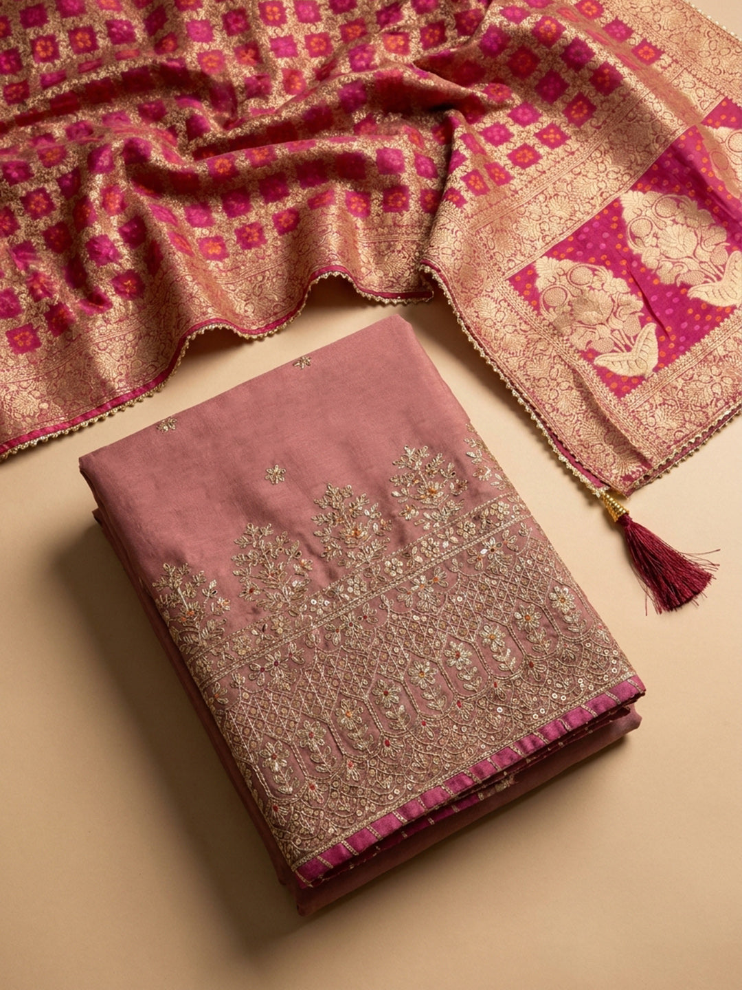 Onion Pink Embroidered Cotton Blend Unstitched Suit &amp; Pant With Banarsi Dupatta