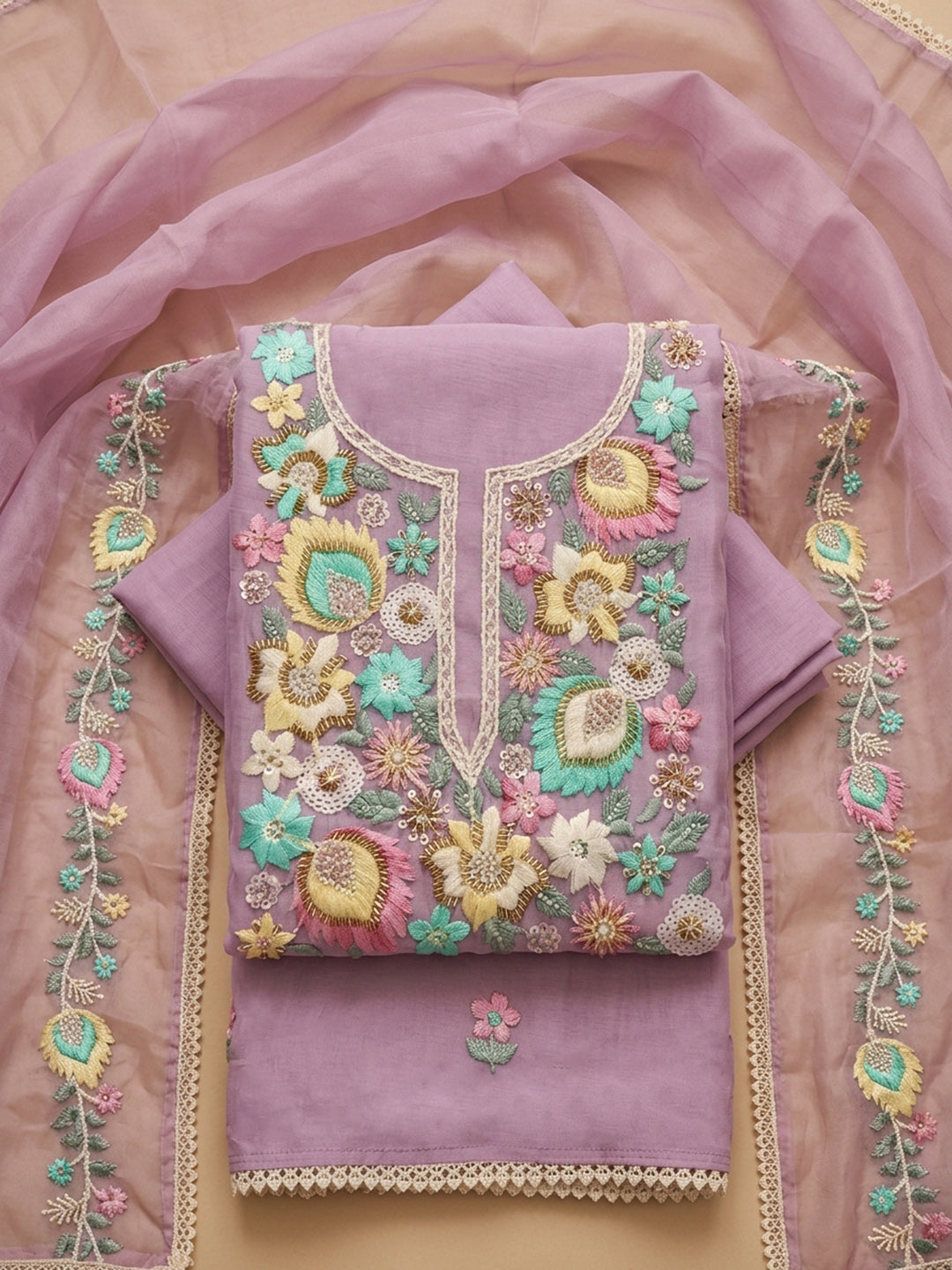 Lavender Embroidered Chanderi Unstitched Suit &amp; Pant With Chanderi Dupatta