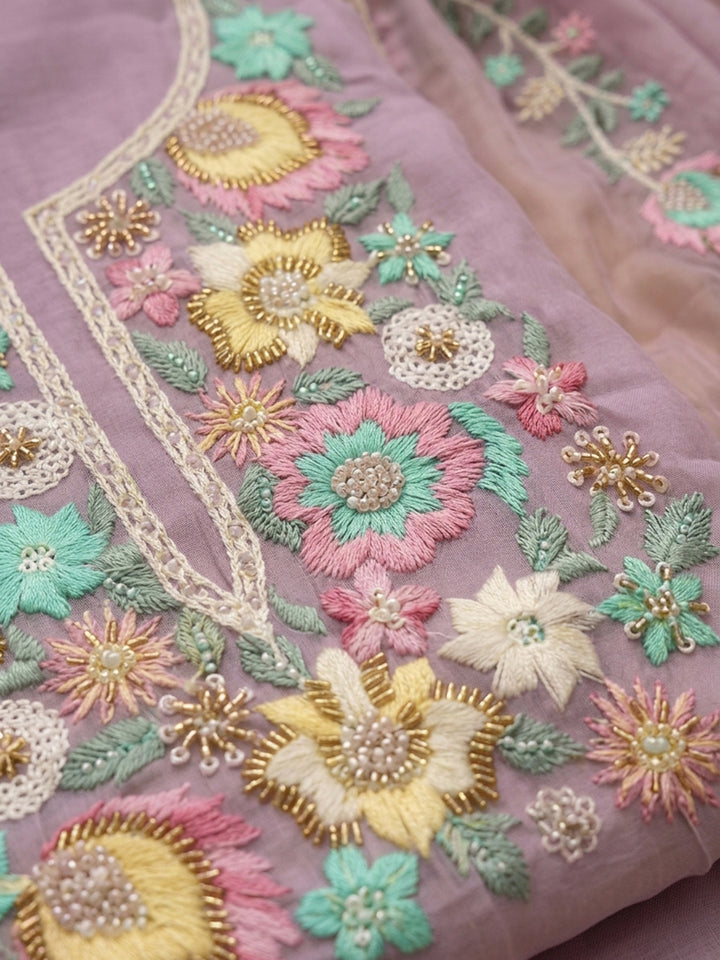Lavender Embroidered Chanderi Unstitched Suit &amp; Pant With Chanderi Dupatta