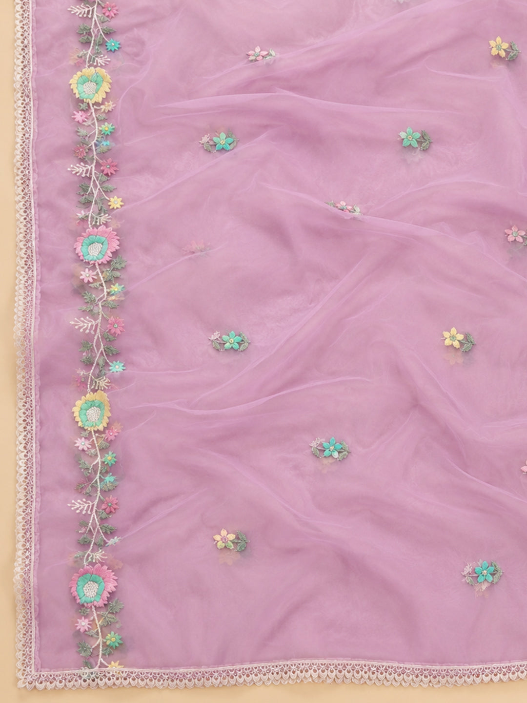 Lavender Embroidered Chanderi Unstitched Suit &amp; Pant With Chanderi Dupatta