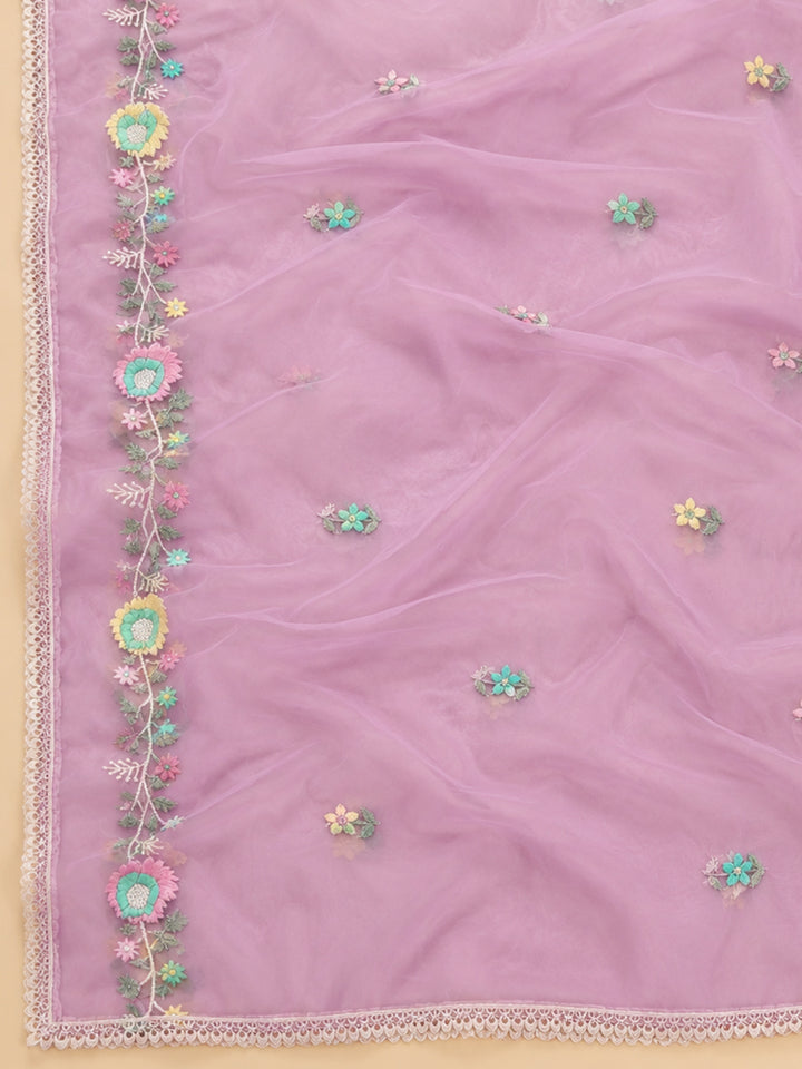 Lavender Embroidered Chanderi Unstitched Suit &amp; Pant With Chanderi Dupatta