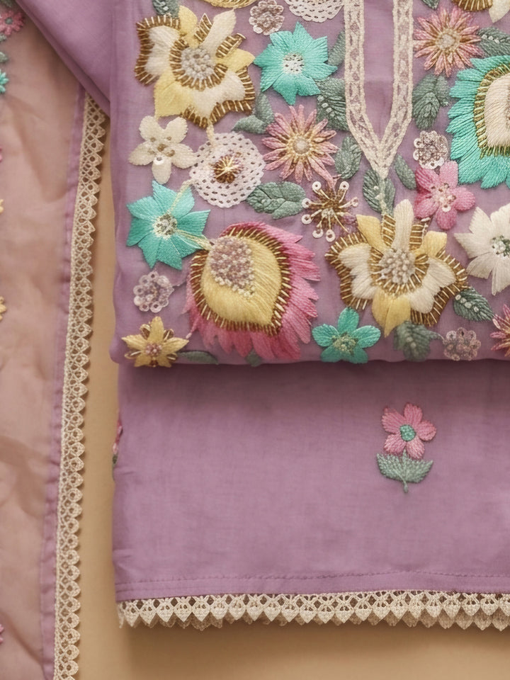 Lavender Embroidered Chanderi Unstitched Suit &amp; Pant With Chanderi Dupatta