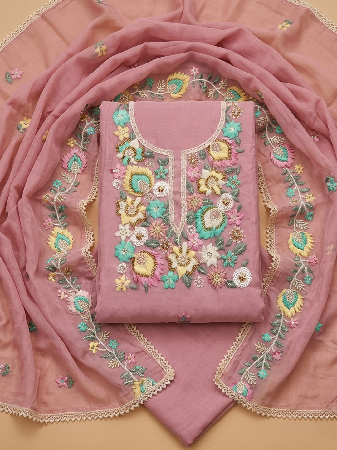 Pink Embroidered Chanderi Unstitched Suit &amp; Pant With Chanderi Dupatta