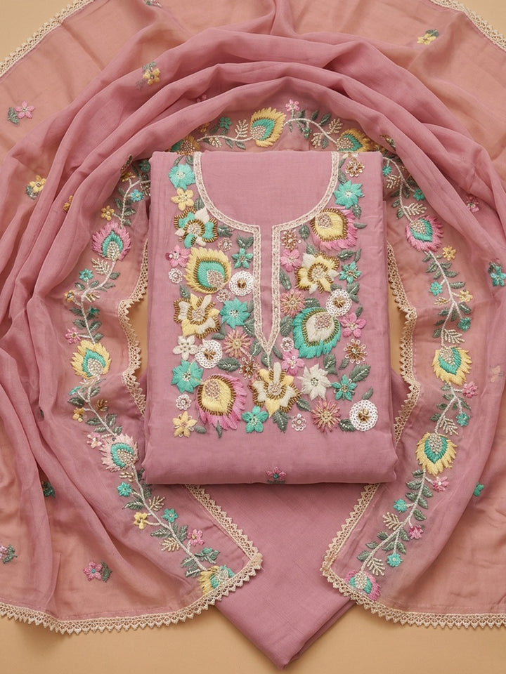 Pink Embroidered Chanderi Unstitched Suit &amp; Pant With Chanderi Dupatta