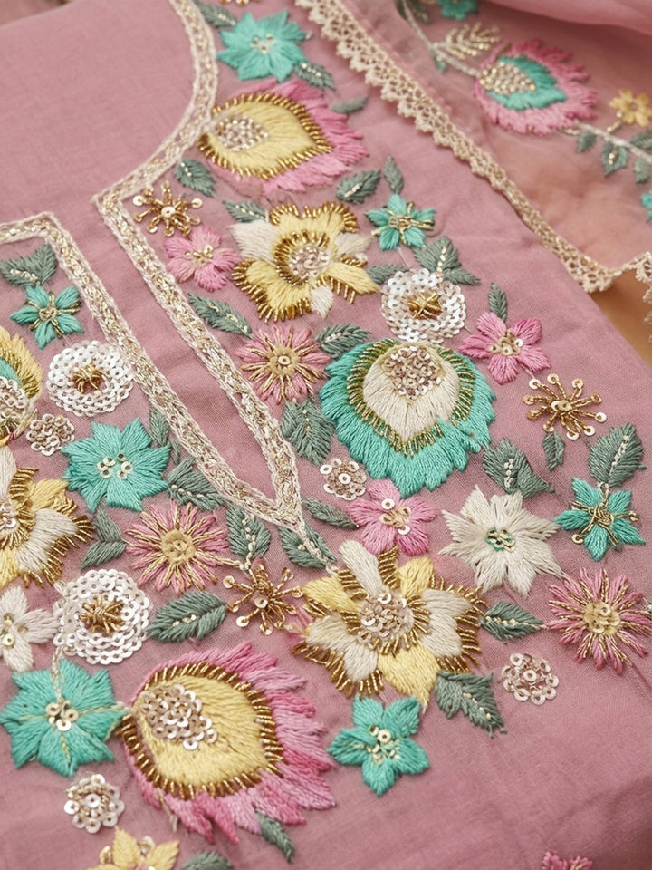 Pink Embroidered Chanderi Unstitched Suit &amp; Pant With Chanderi Dupatta