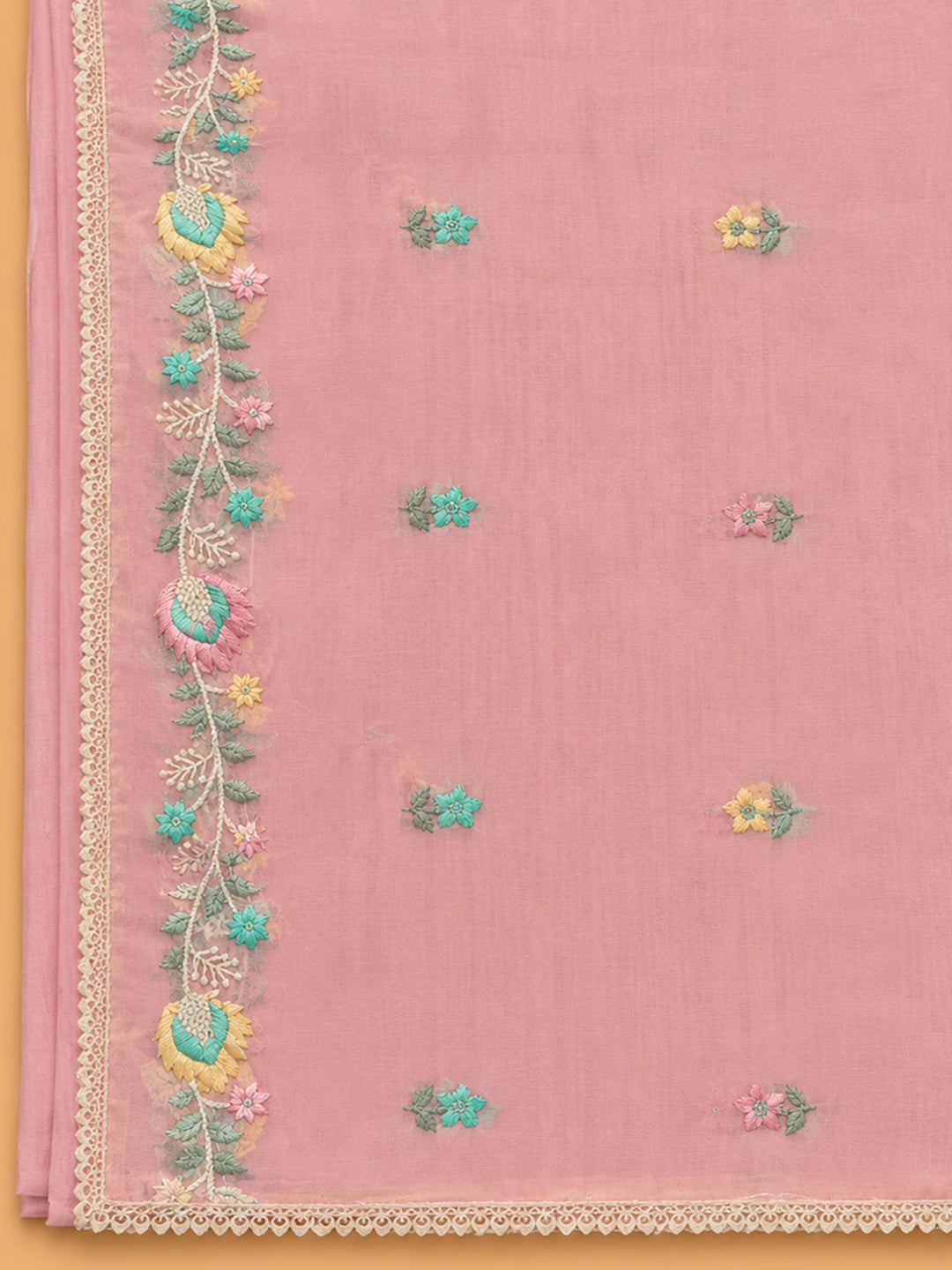 Pink Embroidered Chanderi Unstitched Suit &amp; Pant With Chanderi Dupatta