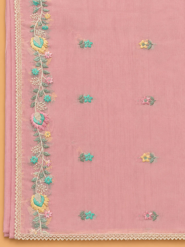 Pink Embroidered Chanderi Unstitched Suit &amp; Pant With Chanderi Dupatta