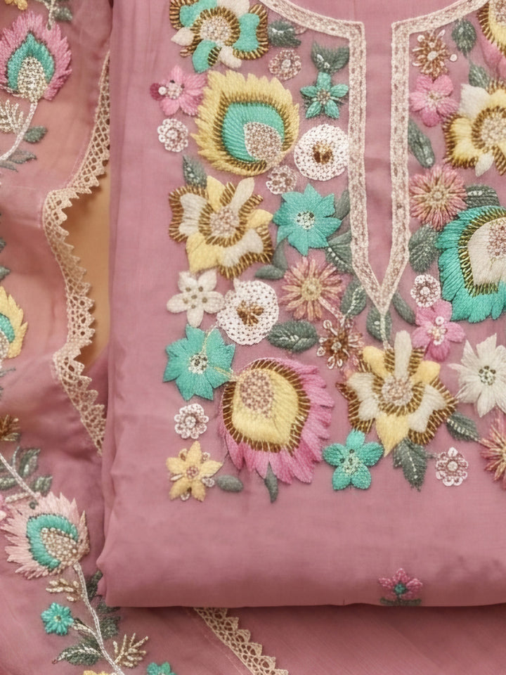 Pink Embroidered Chanderi Unstitched Suit &amp; Pant With Chanderi Dupatta