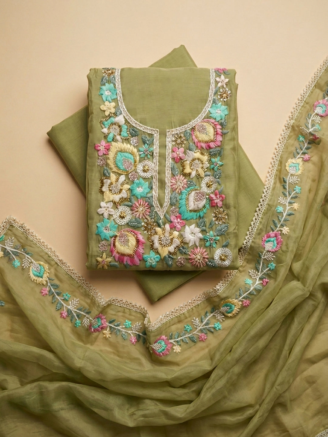 Pista Green Embroidered Chanderi Unstitched Suit &amp; Pant With Chanderi Dupatta