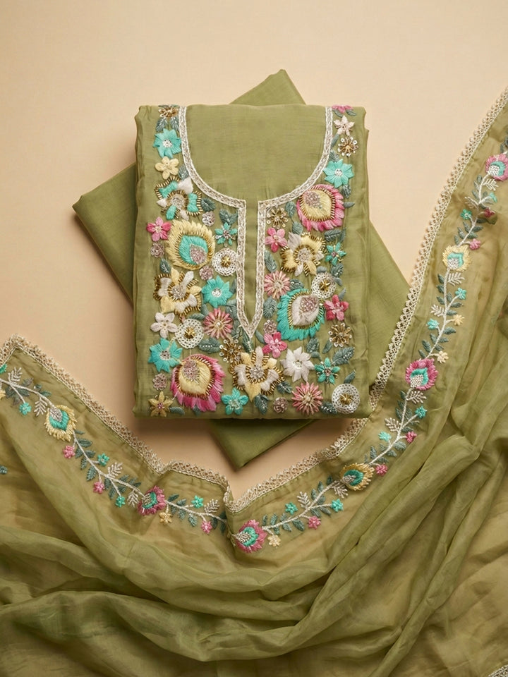 Pista Green Embroidered Chanderi Unstitched Suit &amp; Pant With Chanderi Dupatta