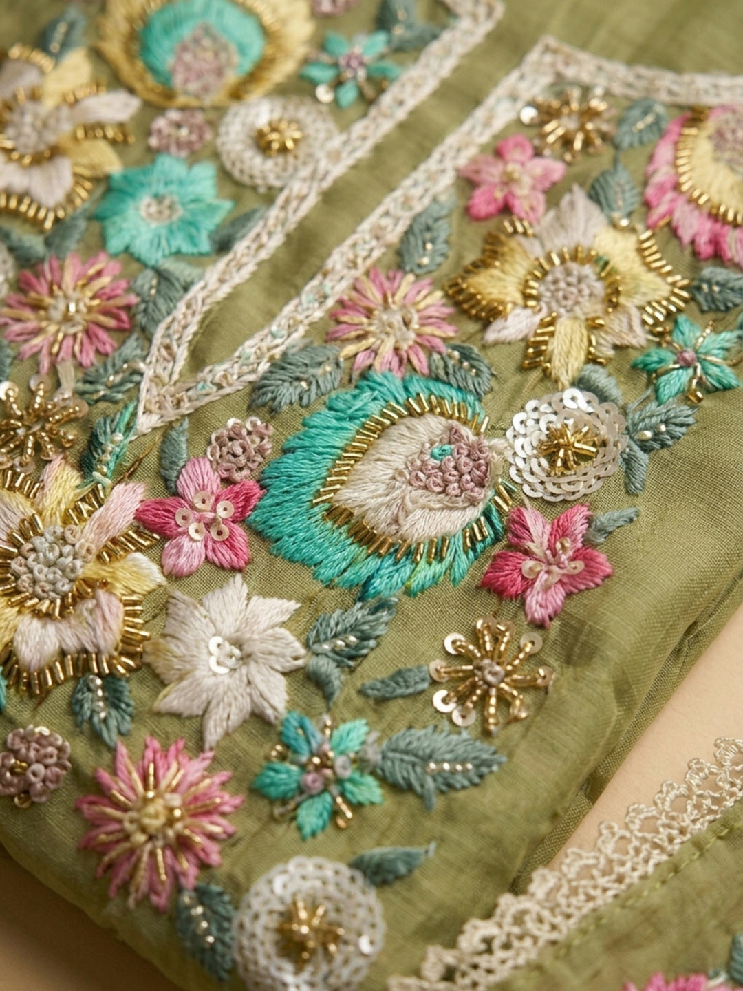 Pista Green Embroidered Chanderi Unstitched Suit &amp; Pant With Chanderi Dupatta