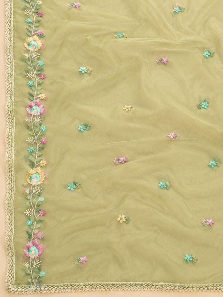 Pista Green Embroidered Chanderi Unstitched Suit &amp; Pant With Chanderi Dupatta