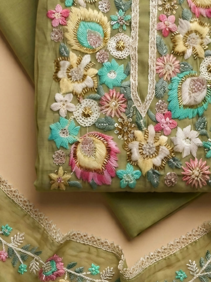 Pista Green Embroidered Chanderi Unstitched Suit &amp; Pant With Chanderi Dupatta