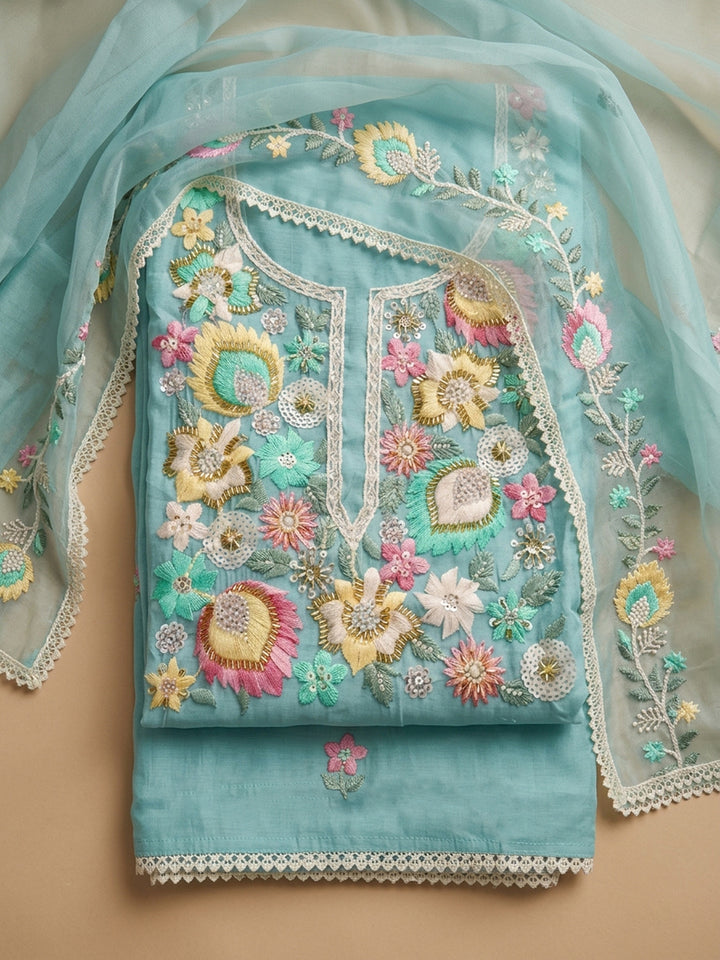 Sky Blue Embroidered Chanderi Unstitched Suit &amp; Pant With Chanderi Dupatta