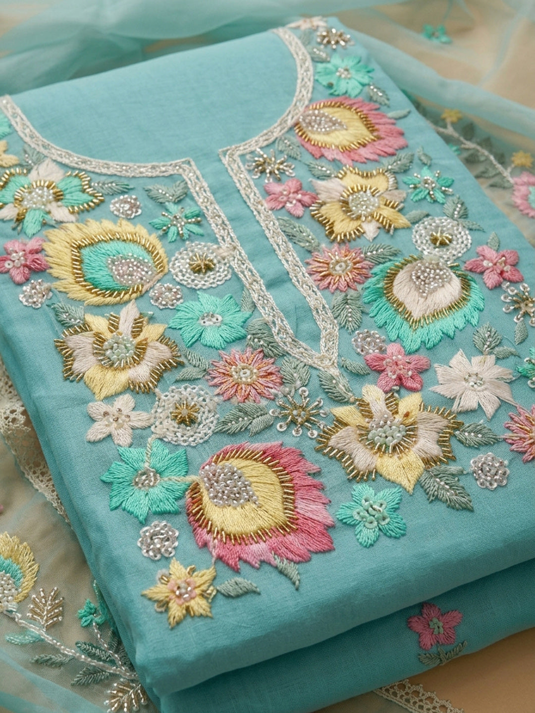 Sky Blue Embroidered Chanderi Unstitched Suit &amp; Pant With Chanderi Dupatta