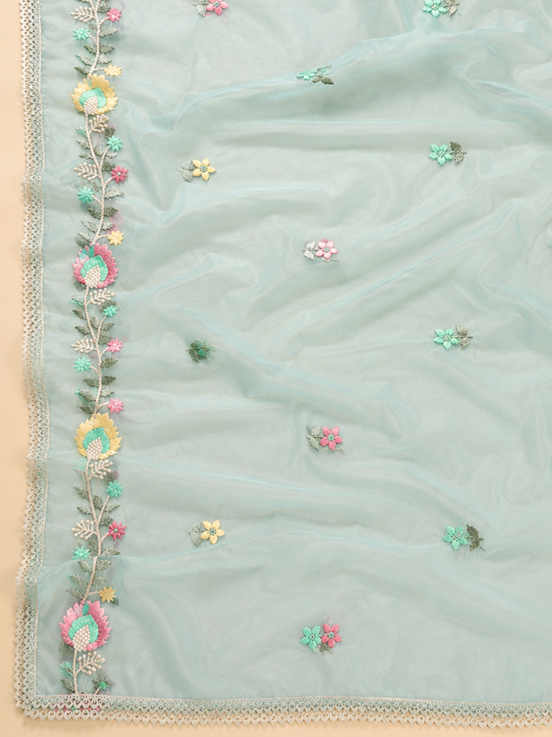 Sky Blue Embroidered Chanderi Unstitched Suit &amp; Pant With Chanderi Dupatta