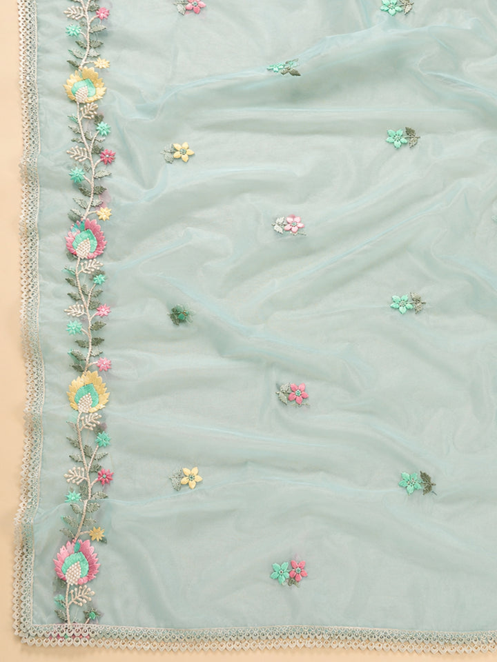 Sky Blue Embroidered Chanderi Unstitched Suit &amp; Pant With Chanderi Dupatta