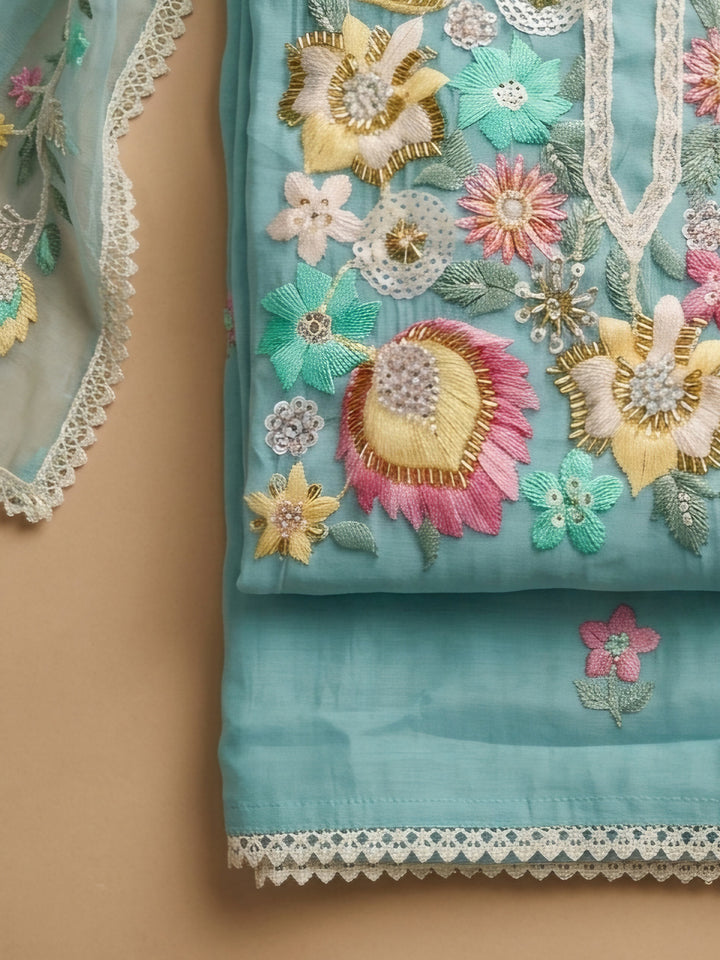 Sky Blue Embroidered Chanderi Unstitched Suit &amp; Pant With Chanderi Dupatta