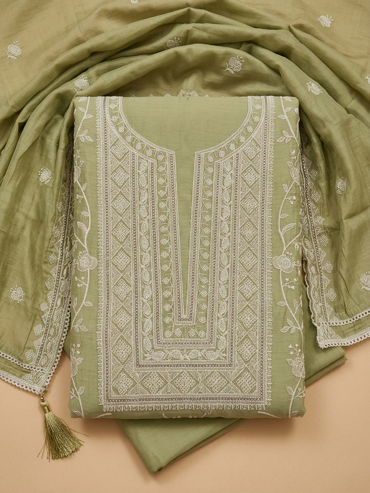 Mehndi Embroidered Chanderi Unstitched Suit &amp; Pant With Chanderi Dupatta