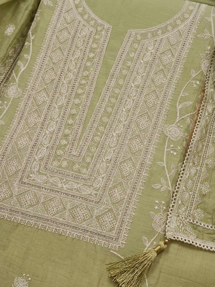 Mehndi Embroidered Chanderi Unstitched Suit &amp; Pant With Chanderi Dupatta