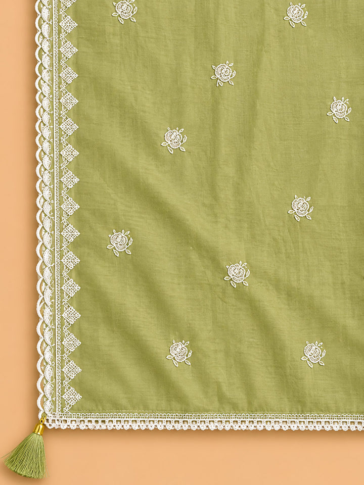 Mehndi Embroidered Chanderi Unstitched Suit &amp; Pant With Chanderi Dupatta