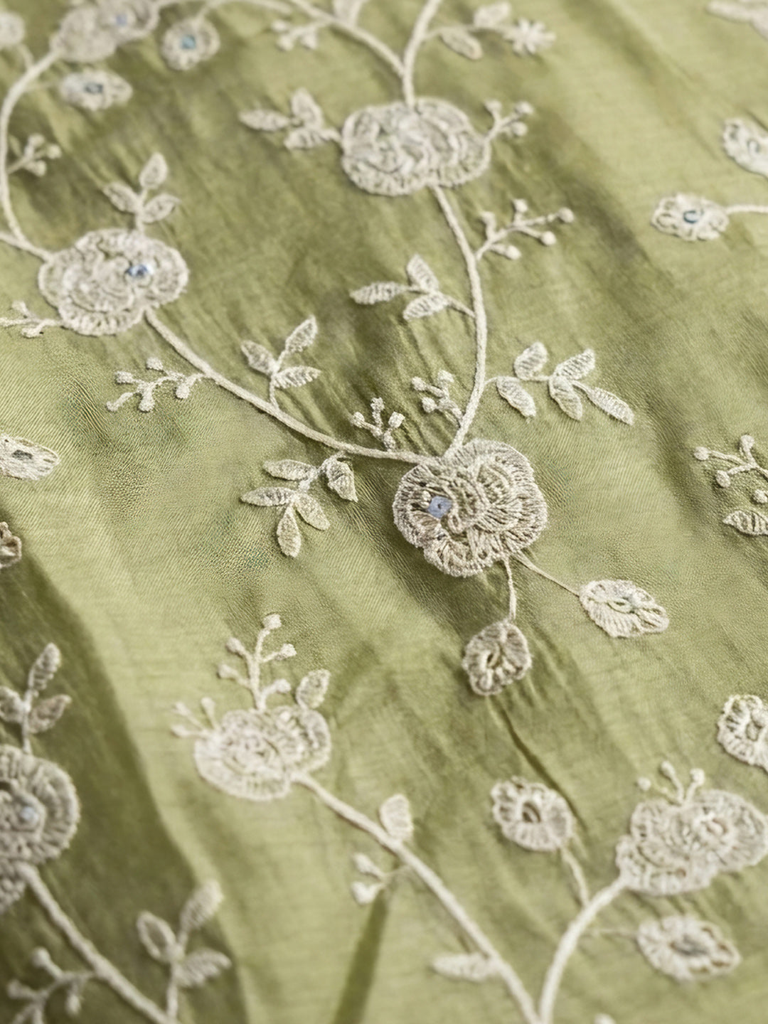 Mehndi Embroidered Chanderi Unstitched Suit &amp; Pant With Chanderi Dupatta