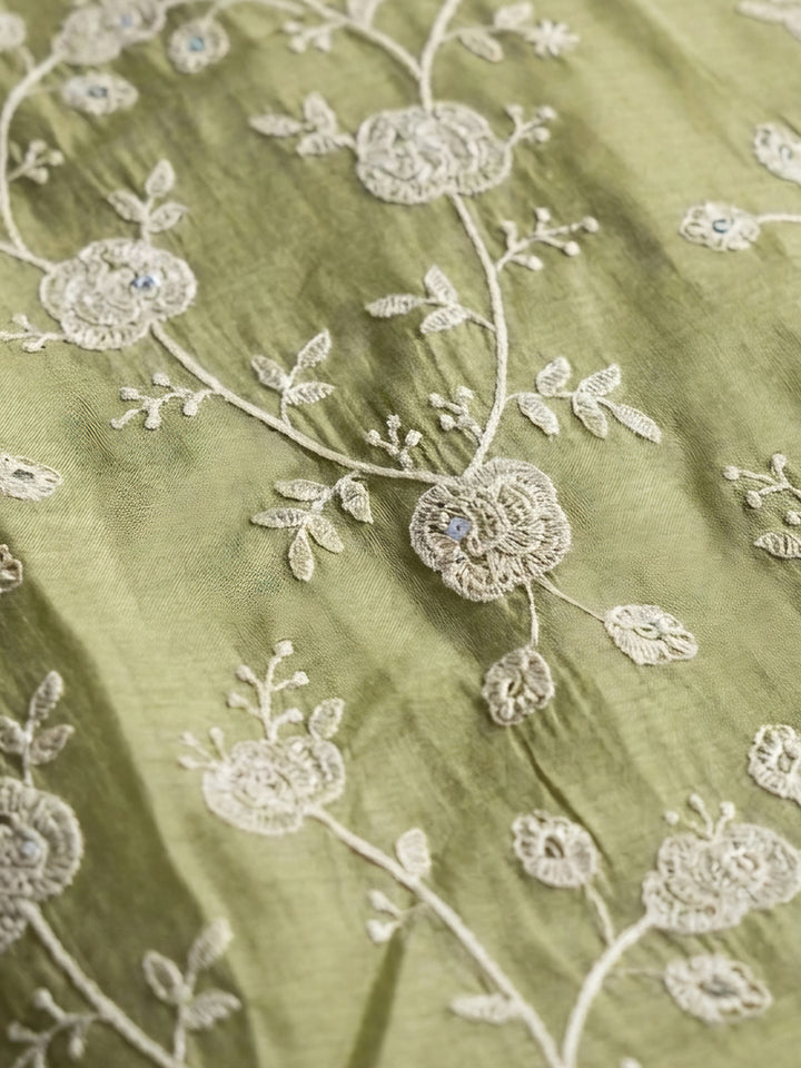 Mehndi Embroidered Chanderi Unstitched Suit &amp; Pant With Chanderi Dupatta