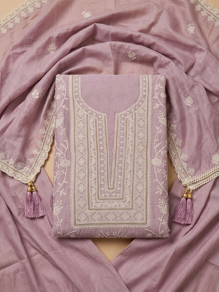 Onion Pink Embroidered Chanderi Unstitched Suit &amp; Pant With Chanderi Dupatta