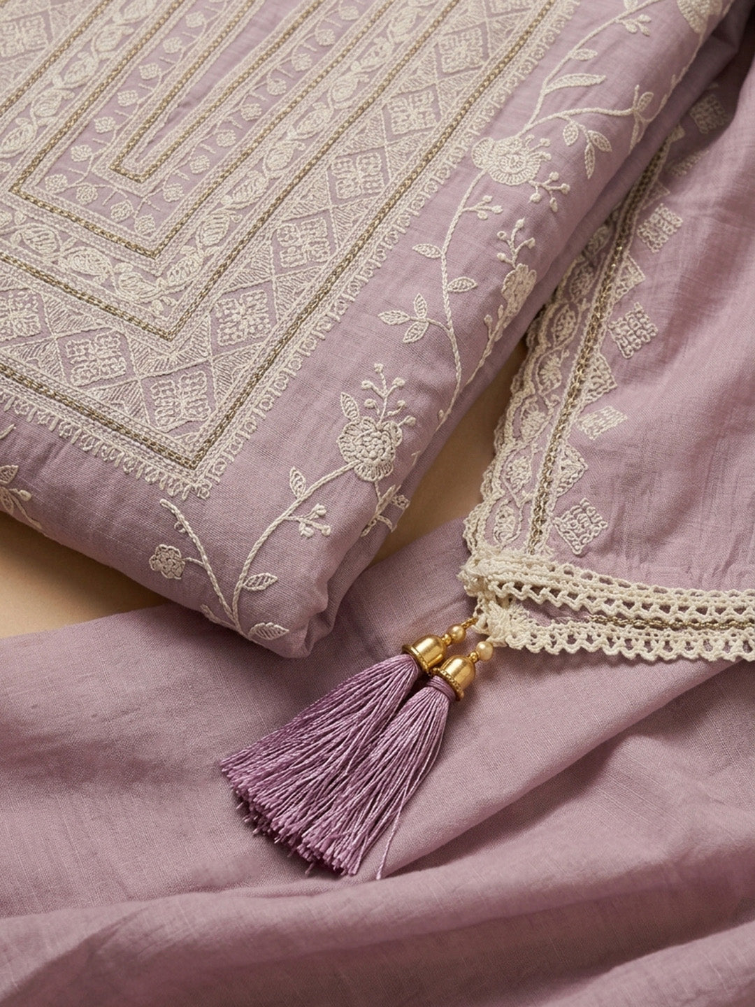 Onion Pink Embroidered Chanderi Unstitched Suit &amp; Pant With Chanderi Dupatta