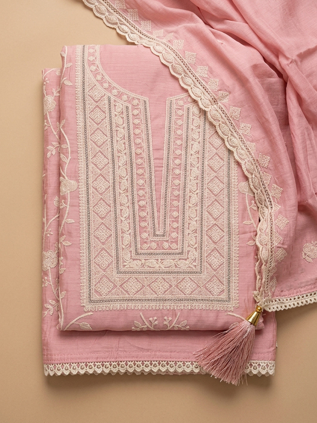 Peach Embroidered Chanderi Unstitched Suit &amp; Pant With Chanderi Dupatta
