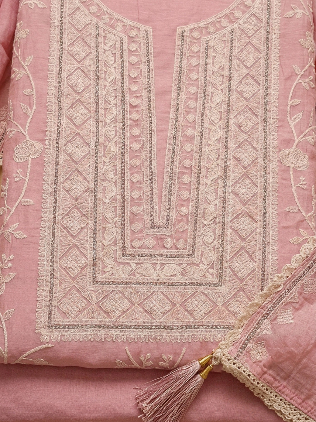 Peach Embroidered Chanderi Unstitched Suit &amp; Pant With Chanderi Dupatta