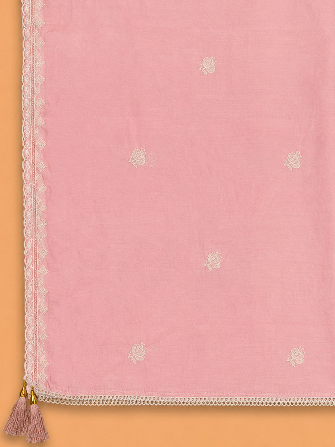 Peach Embroidered Chanderi Unstitched Suit &amp; Pant With Chanderi Dupatta