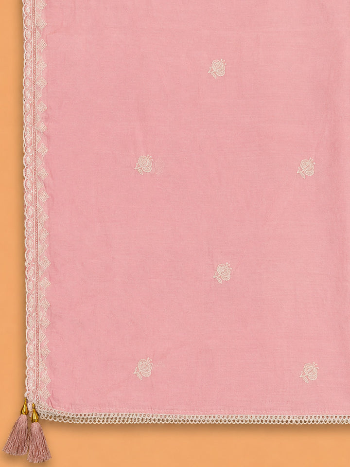 Peach Embroidered Chanderi Unstitched Suit &amp; Pant With Chanderi Dupatta