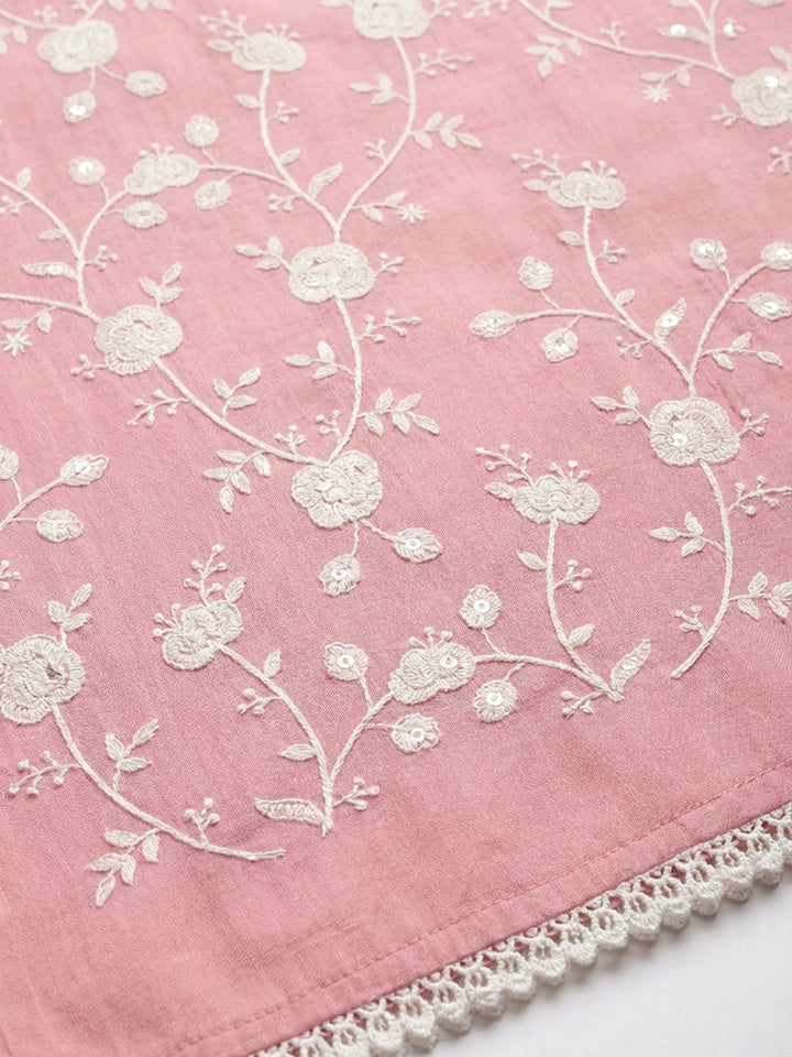 Peach Embroidered Chanderi Unstitched Suit &amp; Pant With Chanderi Dupatta