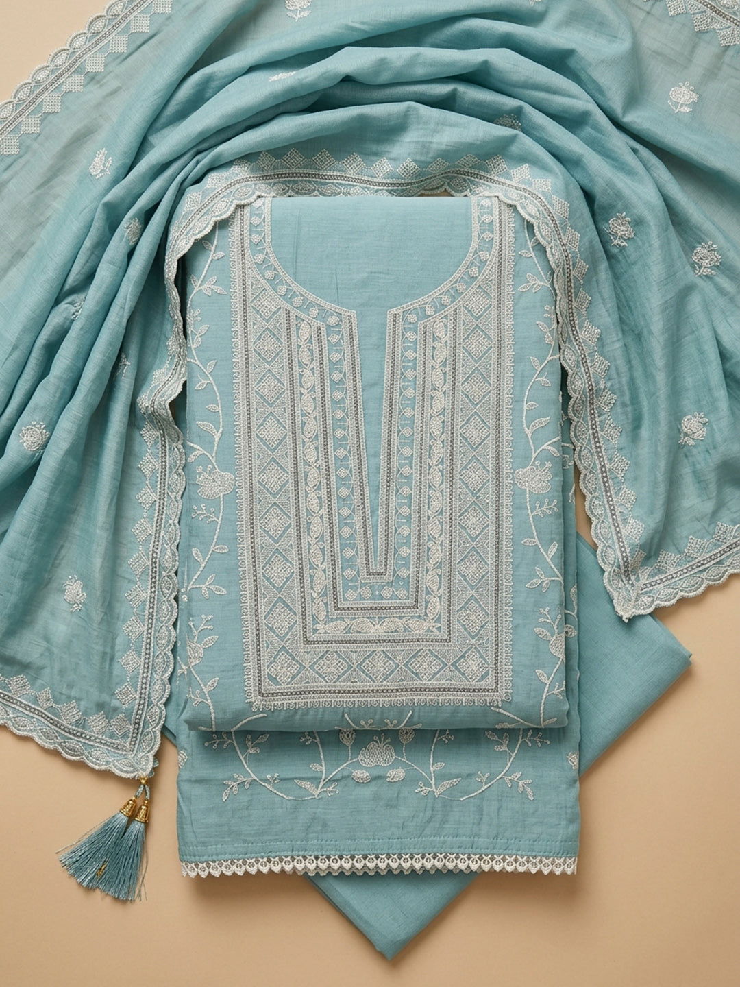 Sea Green Embroidered Chanderi Unstitched Suit &amp; Pant With Chanderi Dupatta