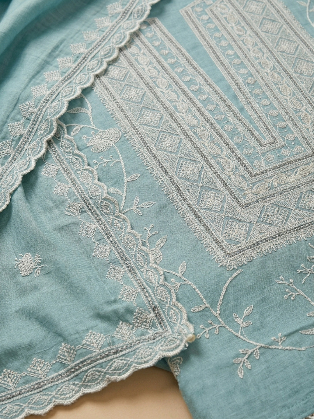 Sea Green Embroidered Chanderi Unstitched Suit &amp; Pant With Chanderi Dupatta