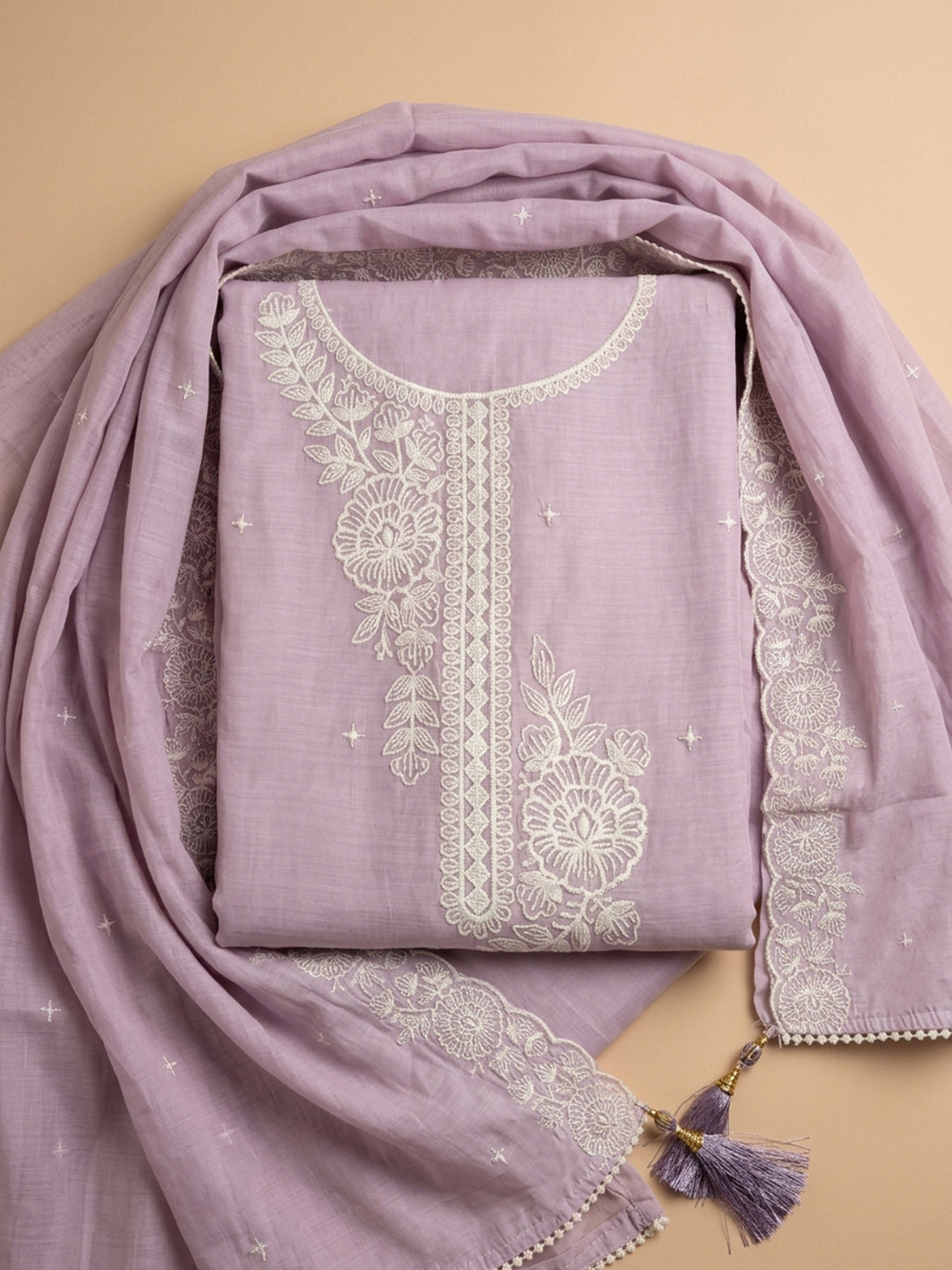 Lavender Embroidered Chanderi Unstitched Suit &amp; Pant With Chanderi Dupatta