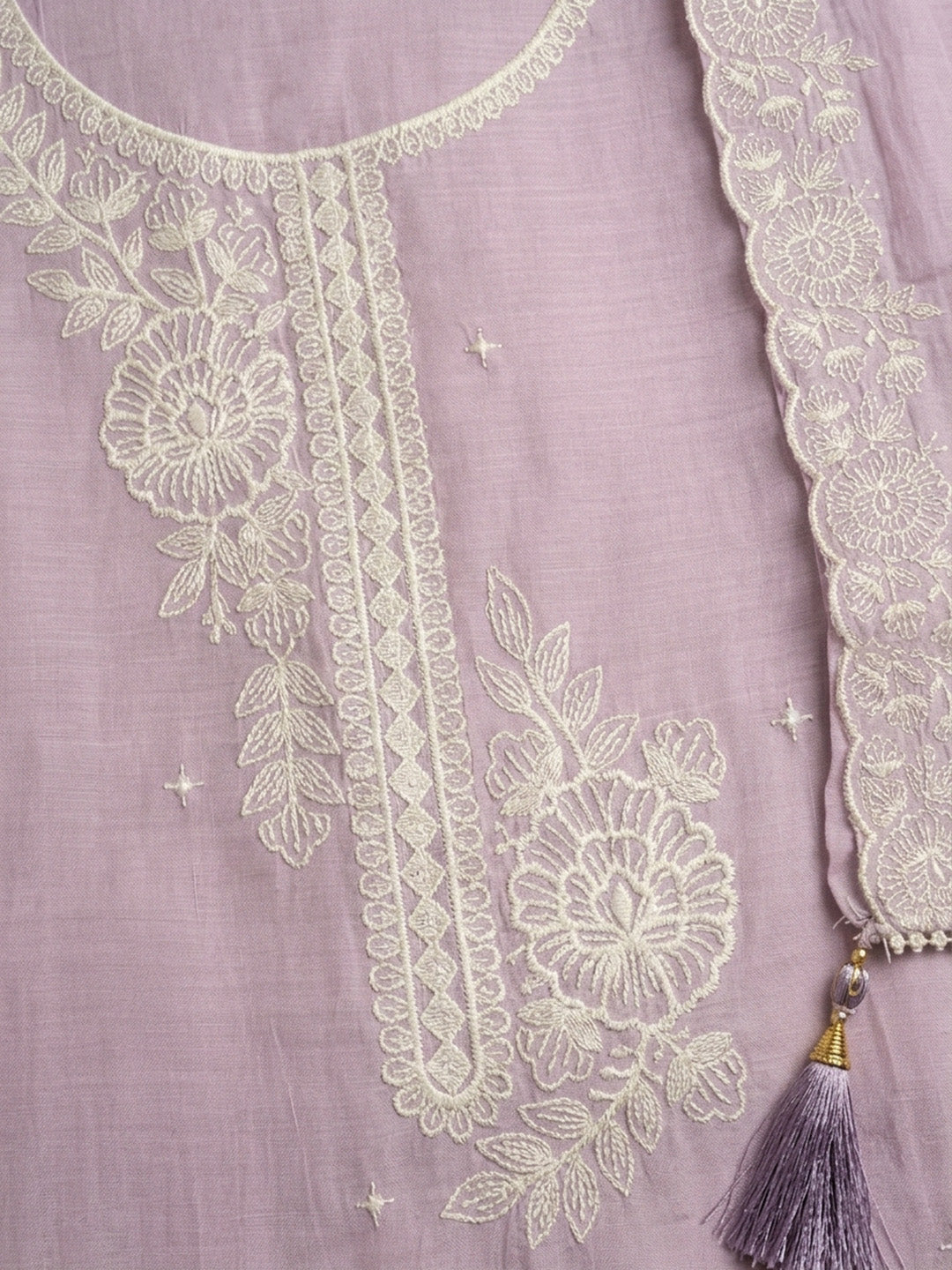 Lavender Embroidered Chanderi Unstitched Suit &amp; Pant With Chanderi Dupatta