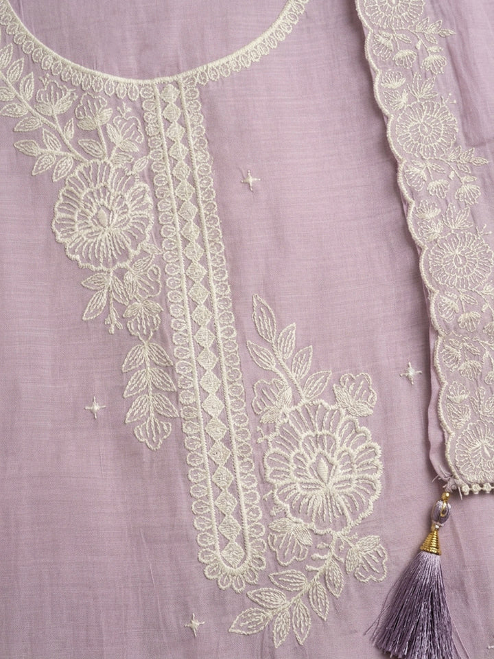 Lavender Embroidered Chanderi Unstitched Suit &amp; Pant With Chanderi Dupatta