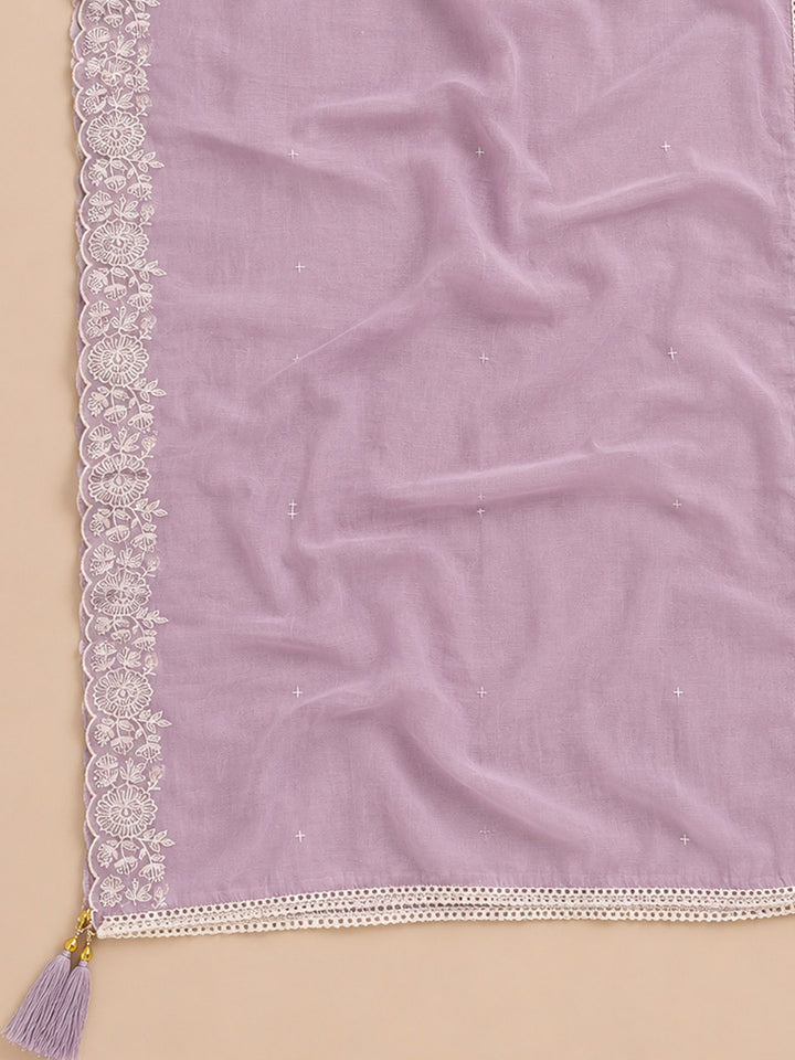 Lavender Embroidered Chanderi Unstitched Suit &amp; Pant With Chanderi Dupatta