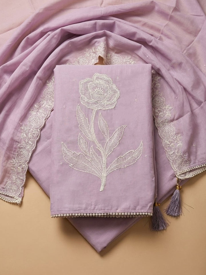 Lavender Embroidered Chanderi Unstitched Suit &amp; Pant With Chanderi Dupatta