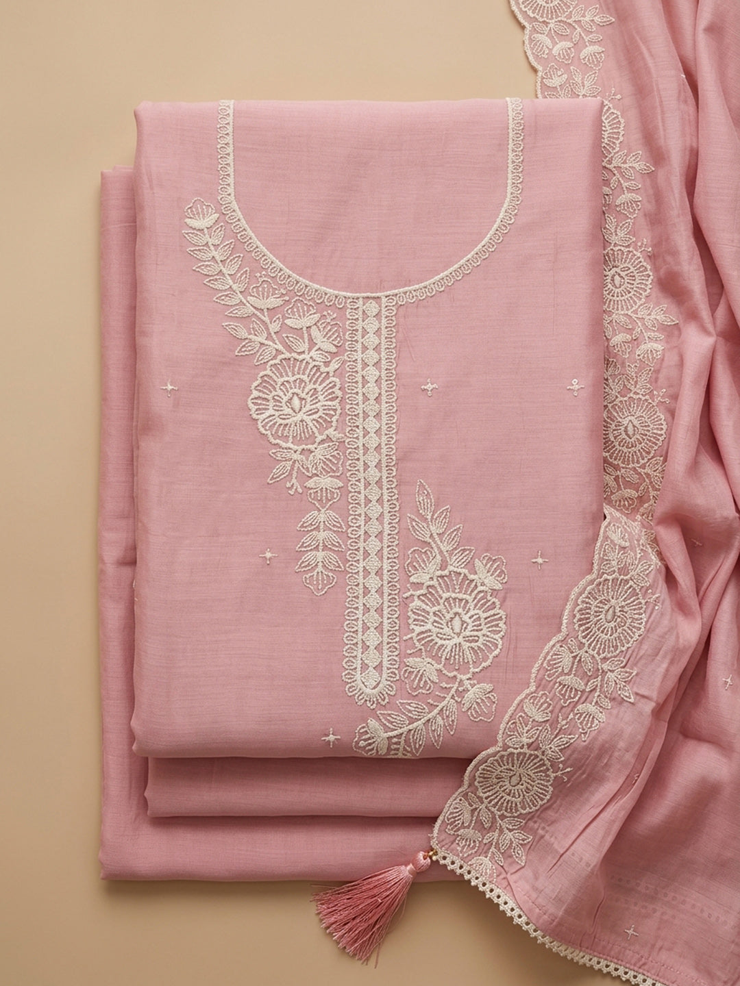 Peach Embroidered Chanderi Unstitched Suit &amp; Pant With Chanderi Dupatta