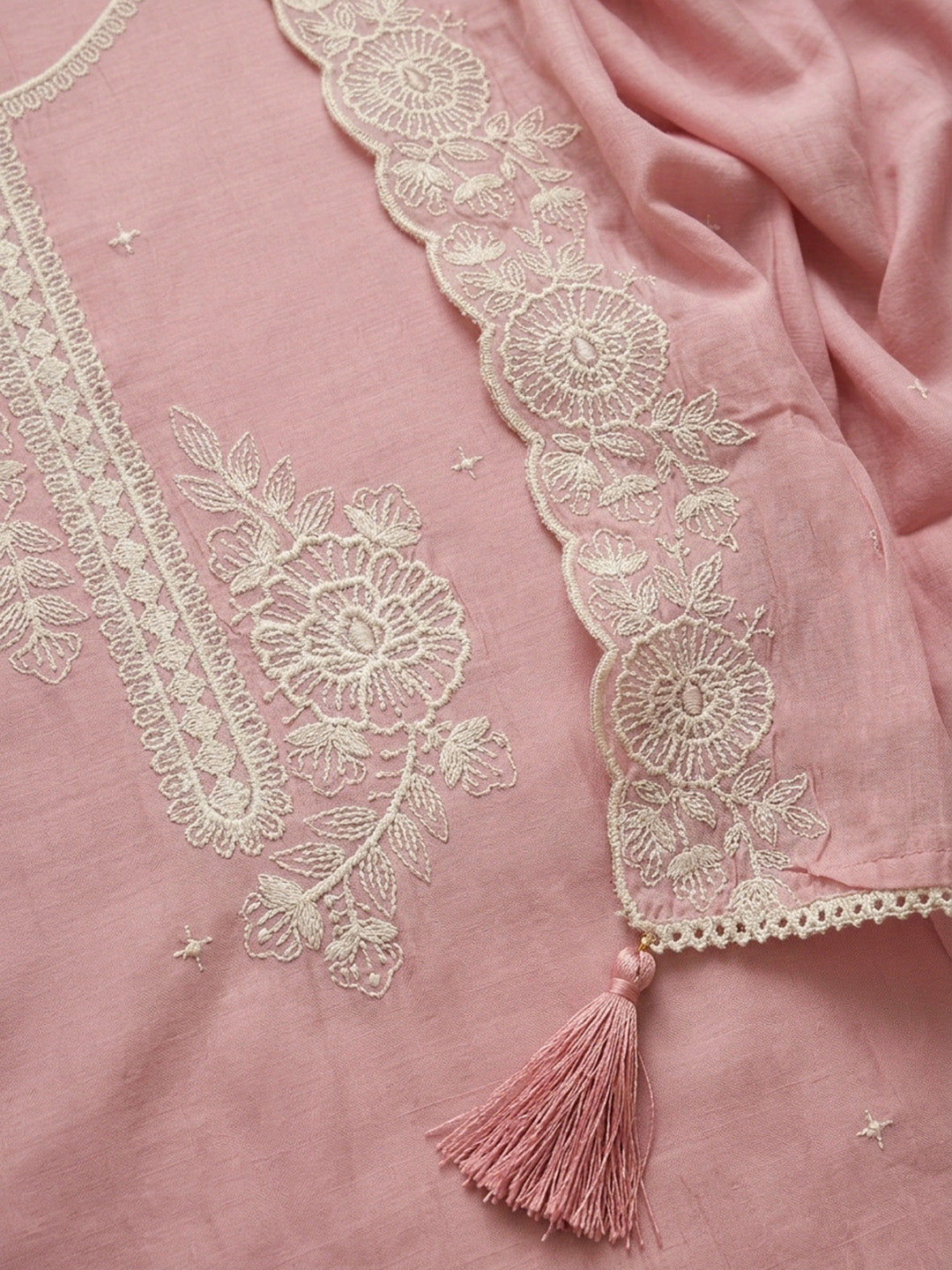Peach Embroidered Chanderi Unstitched Suit &amp; Pant With Chanderi Dupatta