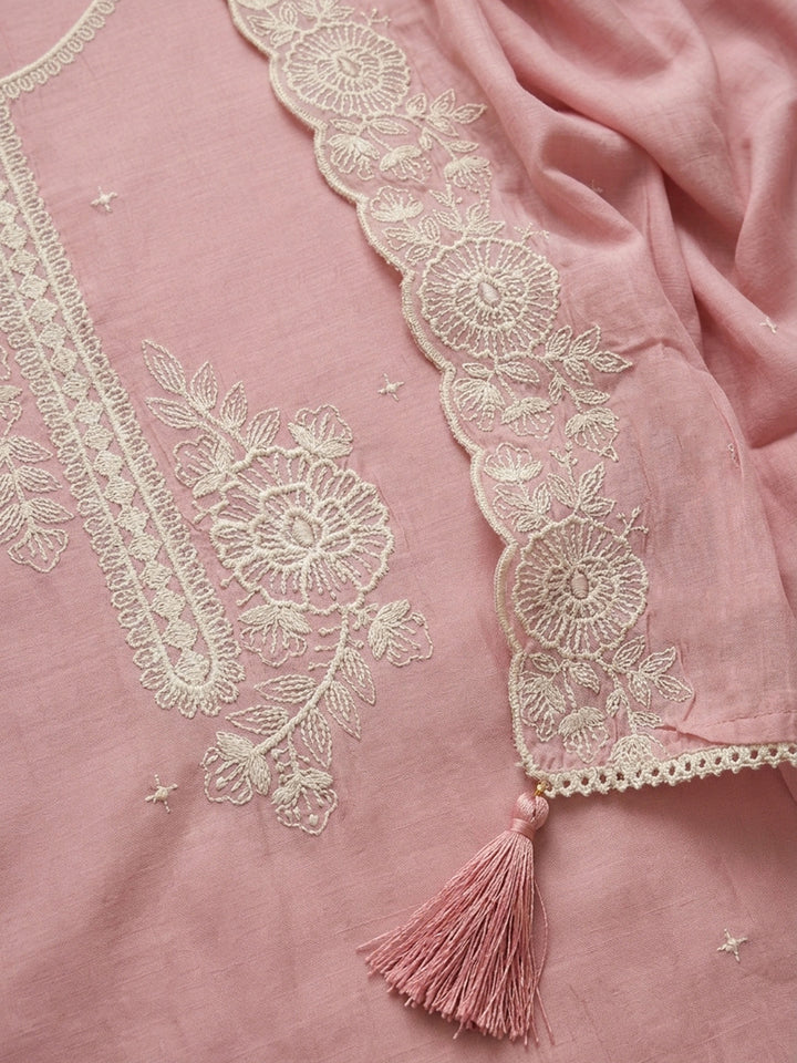 Peach Embroidered Chanderi Unstitched Suit &amp; Pant With Chanderi Dupatta