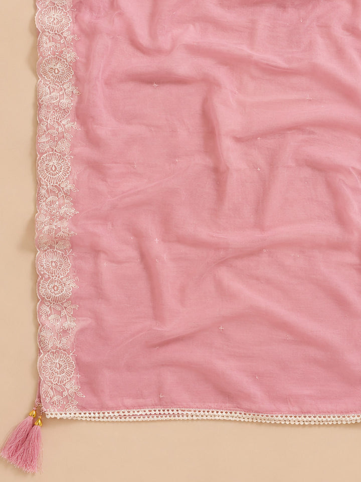 Peach Embroidered Chanderi Unstitched Suit &amp; Pant With Chanderi Dupatta