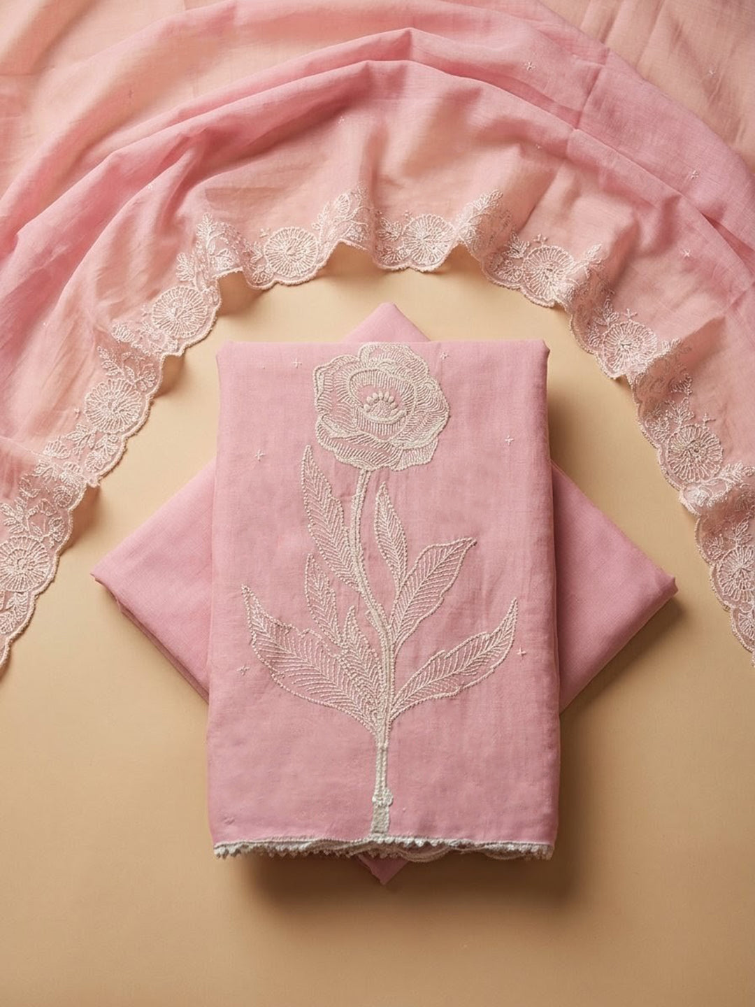 Peach Embroidered Chanderi Unstitched Suit &amp; Pant With Chanderi Dupatta