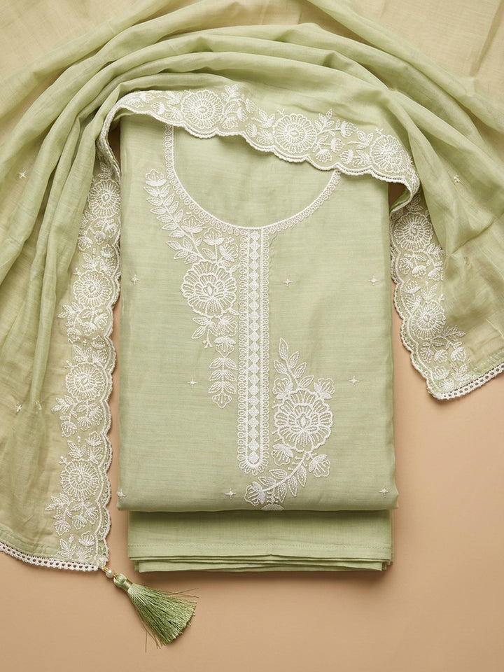 Pista Green Embroidered Chanderi Unstitched Suit &amp; Pant With Chanderi Dupatta