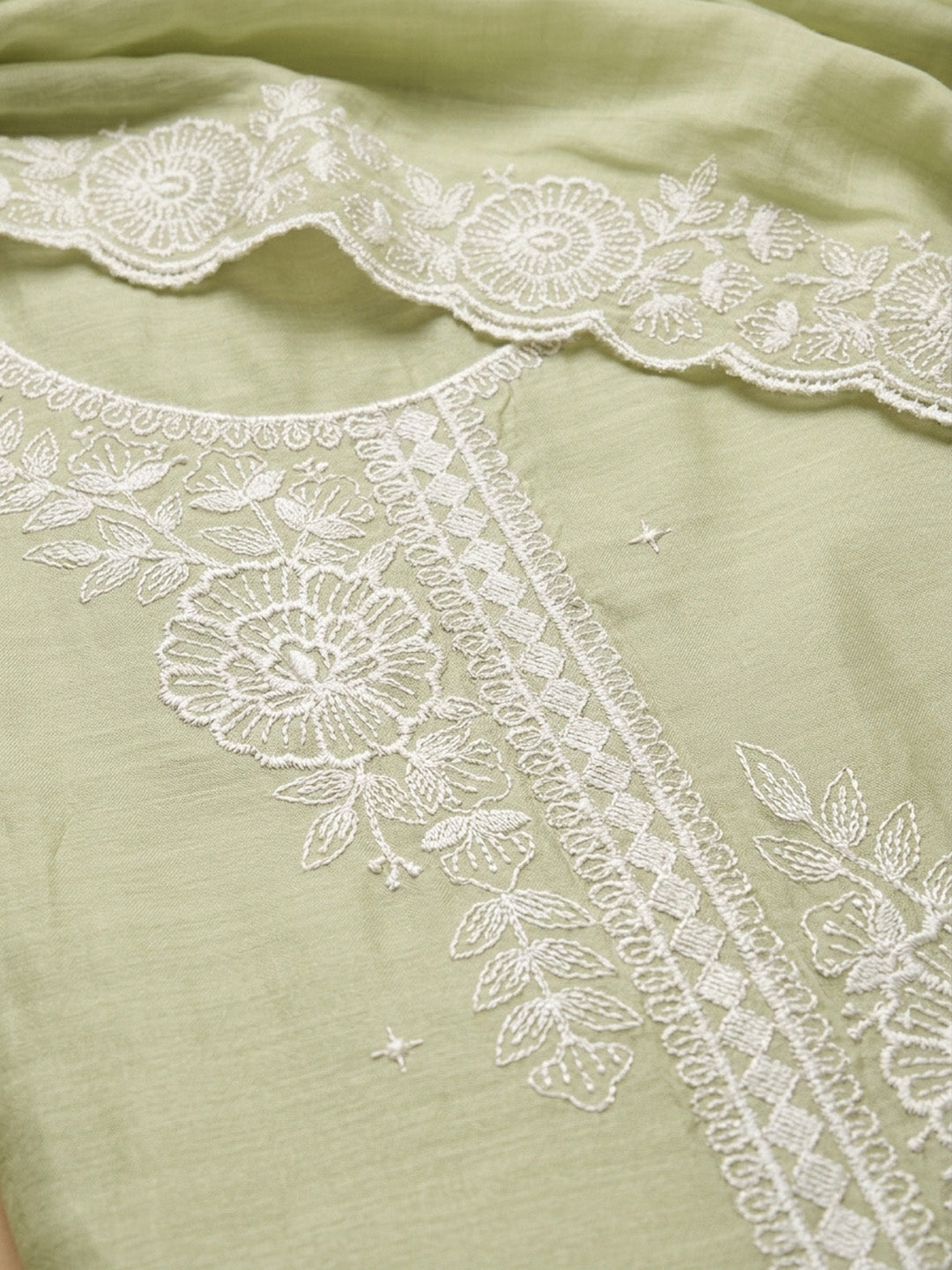 Pista Green Embroidered Chanderi Unstitched Suit &amp; Pant With Chanderi Dupatta