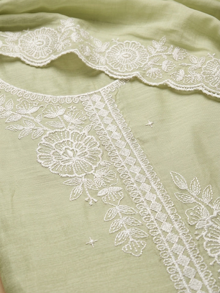 Pista Green Embroidered Chanderi Unstitched Suit &amp; Pant With Chanderi Dupatta