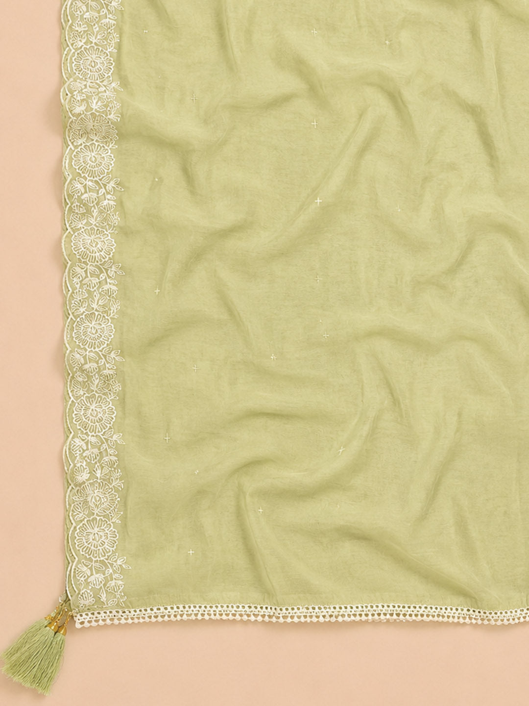 Pista Green Embroidered Chanderi Unstitched Suit &amp; Pant With Chanderi Dupatta